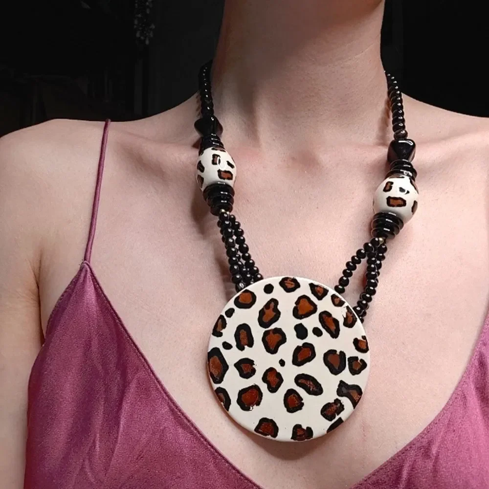 Large Cheetah Leopard Print Statement Pendant Necklace